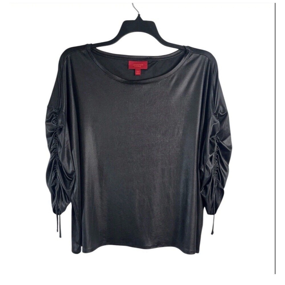 Jennifer Lopez Plus Size Top XXL Black Metallic Ruched Tie Sleeve Blouse - Picture 2 of 4
